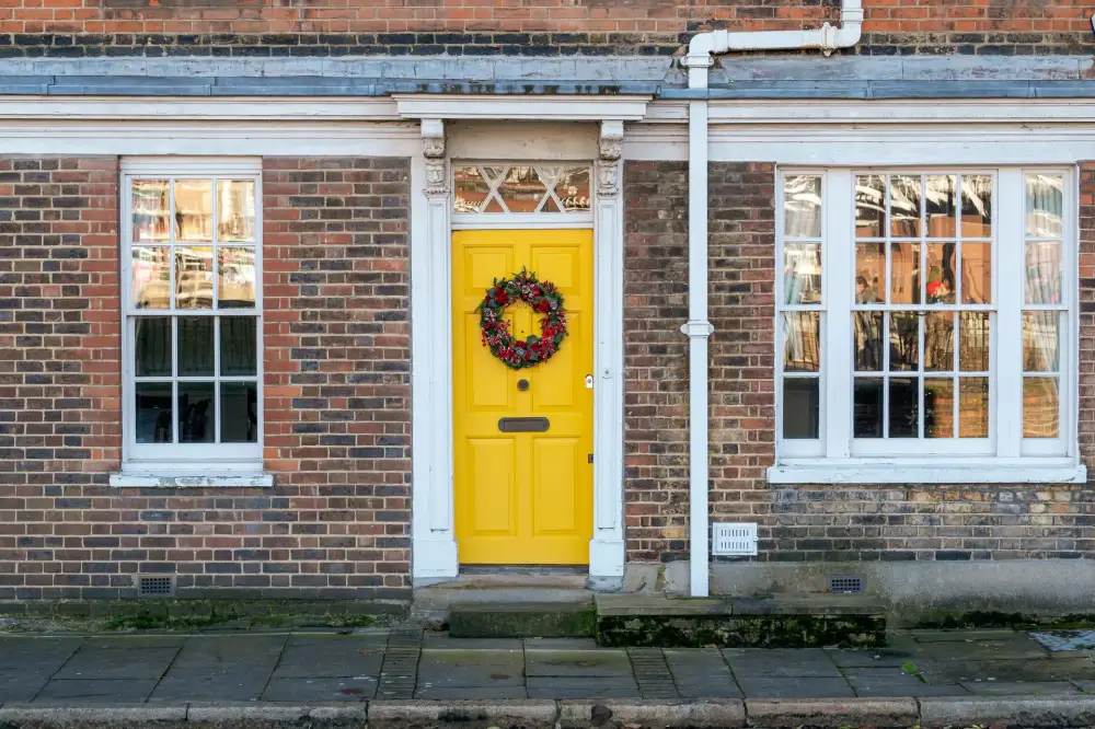 Yellow front door on a red-brick Victorian house – residential locksmith Birmingham front door security check by Locksmith Birmingham